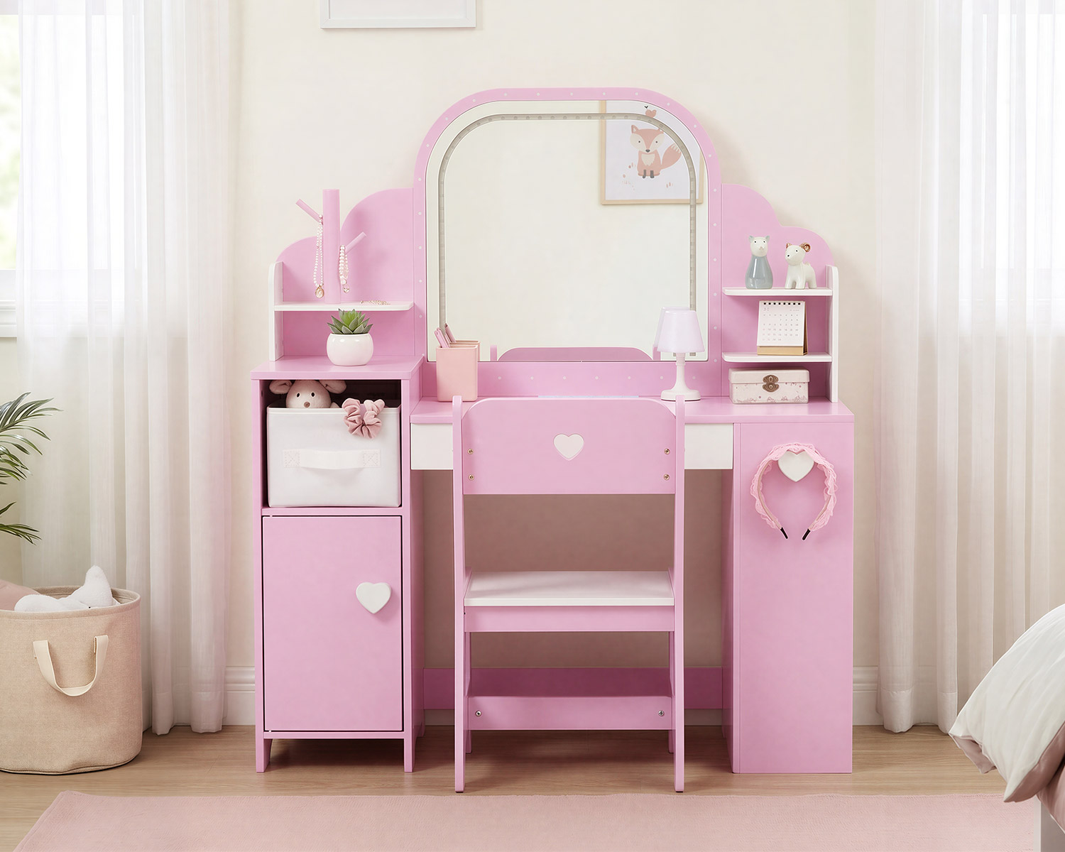 Pink 3-in-1 kids vanity set with LED mirror and chair – Labebe children’s vanity desk in bedroom